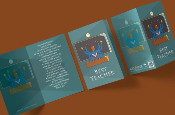 best teacher with apple at desk greeting card